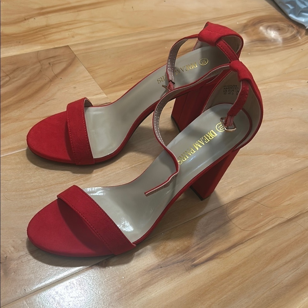 Dream Pairs Red Chunky Heels with Suede Straps